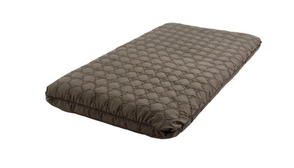 Comfortable brown mattress with quilted pattern on white background  