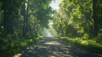 Serene Sunlit Forest Paths: Morning Light Filtering Through Lush Canopies