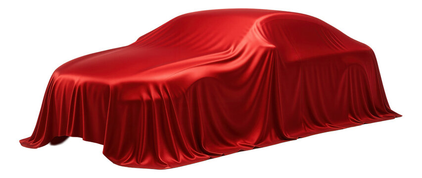 Fototapeta Red silk fabric draped over a car suggesting a reveal or unveiling on transparent background.