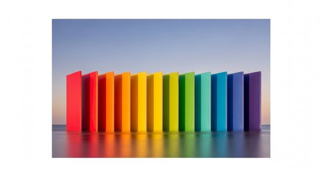 Vibrant Spectrum: A Row of Colorful Rectangular Prisms Reflecting on a Smooth Surface