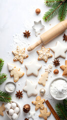 aesthetic flatlay of Holiday cookies decorated with white icing on a flour-dusted surface, surrounded by baking tools, spices, and evergreen branches, Christmas cookies