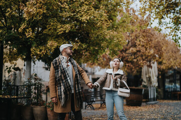 A young couple holds hands and strolls through a picturesque park lined with colorful autumn leaves. They appear happy and relaxed, dressed in cozy fall attire, enjoying the crisp outdoor air.
