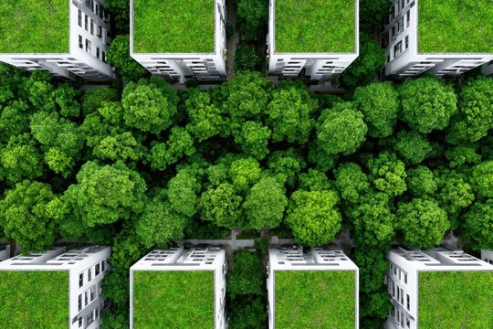 Aerial perspective of a sustainable smart city featuring green rooftops and innovative designs, promoting eco-friendly living.