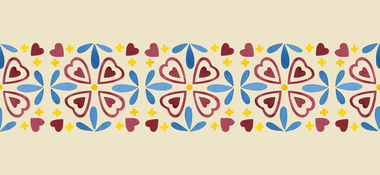 Seamless border azulejo tiles design heart. Abstract floral vintage. Hand drawn watercolor illustration, mediterranean patterns. On beige background. Decorative ceramic tile Mosaic heritage geometric