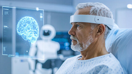 Man wearing futuristic VR glasses with a brain scan displayed in the background. A blend of technology, science, and healthcare