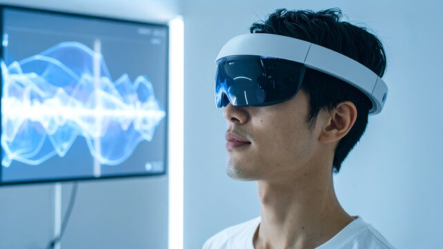 A person wearing a futuristic VR headset in a lab setting with a screen displaying a medical graph