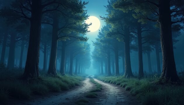 Moonlit forest path. Soft light illuminates trees, creating shadows, misty atmosphere. Serene night scene with pathway leading through woods. Nature, beauty, tranquility, background for design,