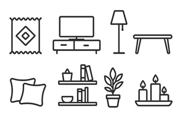 Living Room Icons. Line style icons of living room decor: rug, TV stand, floor lamp, coffee table. sofa cushions, wall shelves,