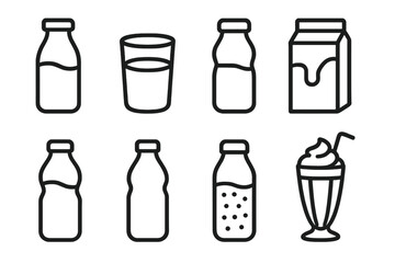 Dairy Drink Icons. Line style icons of dairy drinks: milk bottle, milk glass, yogurt drink, chocolate milk. buttermilk, kefir,