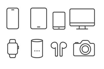 Consumer Electronics Icons. Line style icons of consumer electronics: smartphone, tablet, laptop, desktop computer. smartwatch,