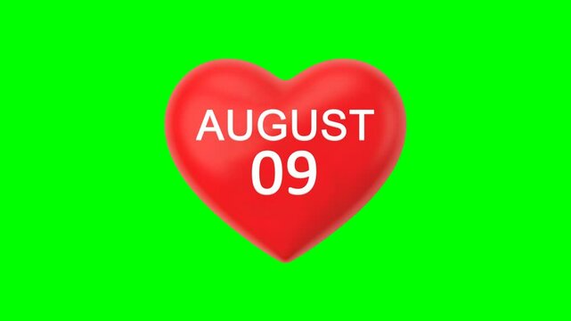 August 09 text on a 3D red heart symbol with a heartbeat rhythm animation, green screen background, for calendar events, wedding or anniversary love themes, and National Book Lovers Day. loop video