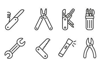 Line Style Multitools. Line style icons of multi-tools: Swiss knife, multitool pliers, utility multitool, compact screwdriver.