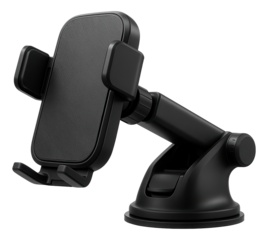 Black adjustable phone holder mount with a suction base designed for car dashboards or windshields on transparent background.