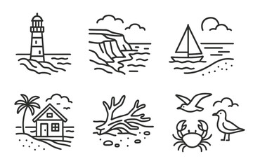 Coastal Icons Collection. Line style icons of coastal views: lighthouse, cliffs, sailboat, tide line. beach house, driftwood,