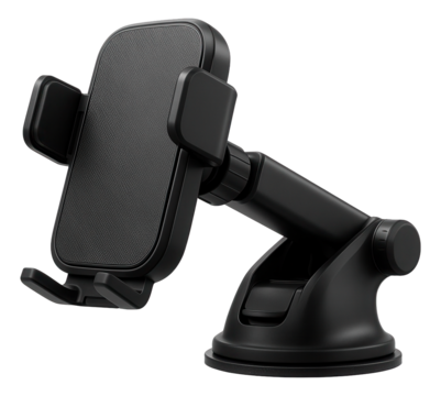 Black adjustable phone holder mount with a suction base designed for car dashboards or windshields on transparent background.
