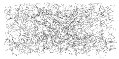 Chaos of black ink scribbles on white background with looped feel. Crazy swirling background with scribbles. Unruly swirling lines in vector graphics