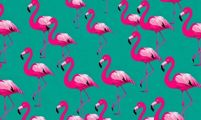 Vibrant flamingo flock pattern on aqua background, a tropical summer design