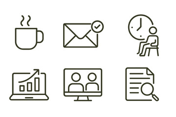 Daily Work Icons. Line style icons of daily work routine: morning coffee, email check, task list, break time. project update, team
