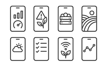 Smart Farm Icons. Line style icons of smart farm mobile apps: dashboard app, crop alert, harvest tracker, field view. weather