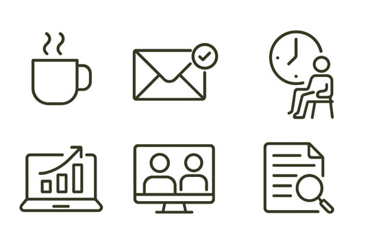Daily Work Icons. Line style icons of daily work routine: morning coffee, email check, task list, break time. project update, team