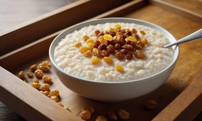 Creamy rice pudding with golden raisins served on a wooden tray