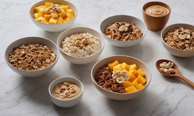 Fototapeta premium Delicious breakfast bowls assortment with fresh fruits and granola topping