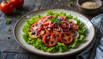 Fresh healthy tomato and onion salad served on a bed of green lettuce leaves for a nutritious meal