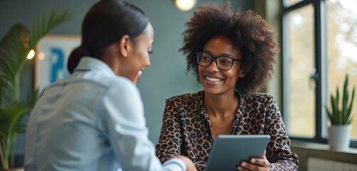 Two happy black women in modern office. Female workers smile during meeting using tablet. Business team discussing planning strategy. Digital tech innovation, corporate work, startup, success.