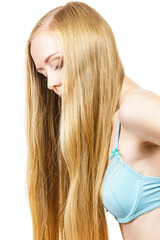 Girl long blond hair wearing bra