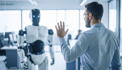 An interaction between a human and a robot, set within a modern office environment