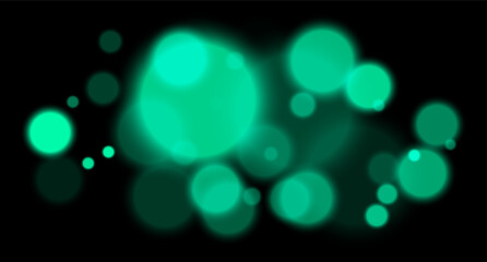 Green glowing bokeh with layered circle particles and blur effect on black backdrop. Creates a dramatic, energetic visual for digital compositions.