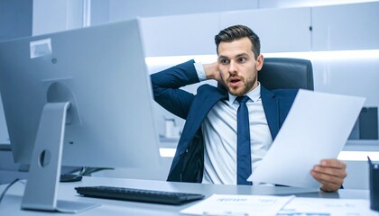 A businessman shocked and overwhelmed while looking at documents in his office
