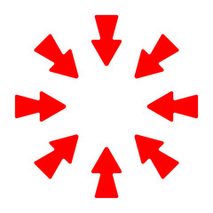 Directional arrow icon. Eight bold red arrows pointing inward from all sides. Represents focus, convergence, navigation, or centralization concept.