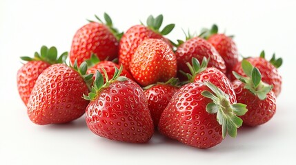 ripe strawberries with green leaves on a white background.