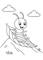 Coloring book centipede happily sliding down a leaf like a slide