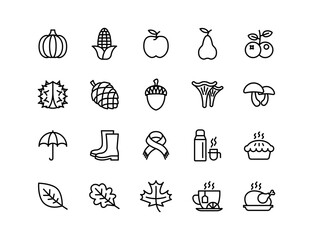 Autumn Vector Icon Set | Adjustable Line Weight | Pumpkin, apple, corn, leaf, mushroom, acorn, pie, scarf, boots, umbrella, tea, harvest, cozy, food icons