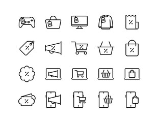 Black Friday Vector Icon Set | Adjustable Line Weight | Sale, shopping, discount, tag, cart, basket, bag, e-commerce, megaphone, barcode, receipt, mobile, retail, online icons