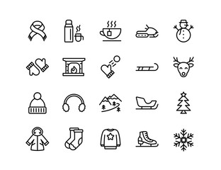 Winter Vector Icon Set | Adjustable Line Weight | Snow, snowflake, mittens, scarf, sled, snowman, hot drink, reindeer, sweater, coat, fireplace, mountains, holiday, tree icons
