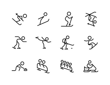 Winter Sports Vector Icon Set | Adjustable Line Weight | Skiing, snowboarding, ice skating, figure skating, hockey, curling, luge, sledding, bobsleigh, winter games icons
