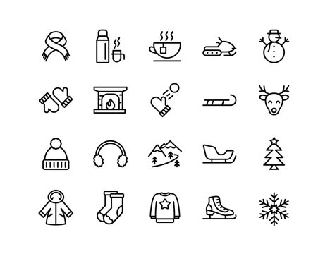 Winter Vector Icon Set | Adjustable Line Weight | Snow, snowflake, mittens, scarf, sled, snowman, hot drink, reindeer, sweater, coat, fireplace, mountains, holiday, tree icons