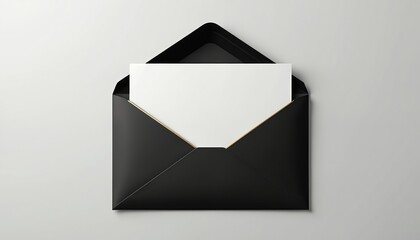 Black envelope with blank white notecard, gold foil edge on white background. Simple elegant design for formal business correspondence. Ideal for stationery, invitation, letterhead, document,