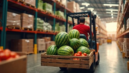 Forklift transporting fresh watermelons, tomatoes in warehouse. Worker loads fruits, vegetables in food distribution center. Warehouse shelves with goods. Logistics, industry, eco food, delivery,