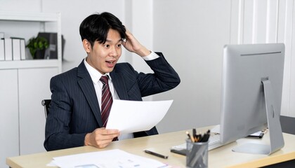 Fototapeta premium Excited asian businessman looks at report with astonishment in office