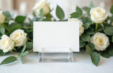 Blank place card mockup. White card on clear acrylic stand, surrounded by white roses and plants. Wedding table setting background. Perfect for event invitations, branding presentations.