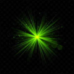 Obraz premium Light burst. Green radial flash with sparkles and transparent glow, ideal for tech, fantasy, or magical visuals and dynamic user interfaces.