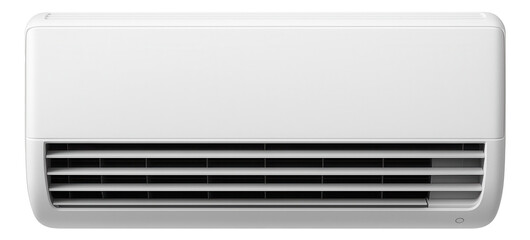 Modern wall-mounted air conditioning unit with horizontal vents and sleek design on transparent background.