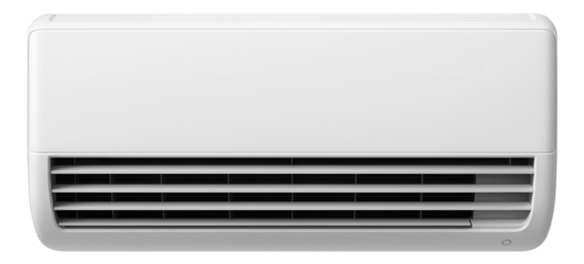 Modern wall-mounted air conditioning unit with horizontal vents and sleek design on transparent background.