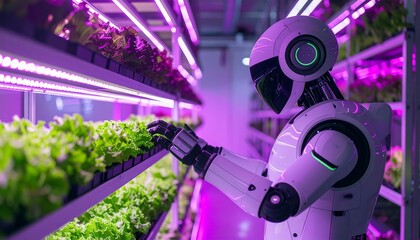 Obraz premium A robot tending to a hydroponic garden with purple lights, showcasing an innovative approach to urban farming and automation. The robot is examining the plants and the atmosphere is futuristic