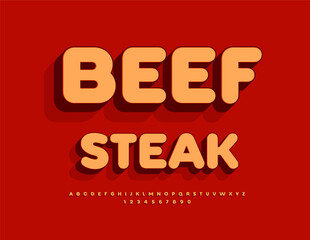 Vector Cooking poster Beef Steak. Bright Creative 3D Font. Classic Uppercase Alphabet Letters and Numbers set. 