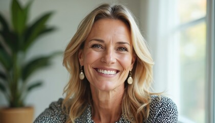 Smiling 48 year old blond woman portrait. Smiling attractive female with long wavy hair, wearing earrings. Positive expression on face. Mature woman, indoor setting. Soft light, natural background.
